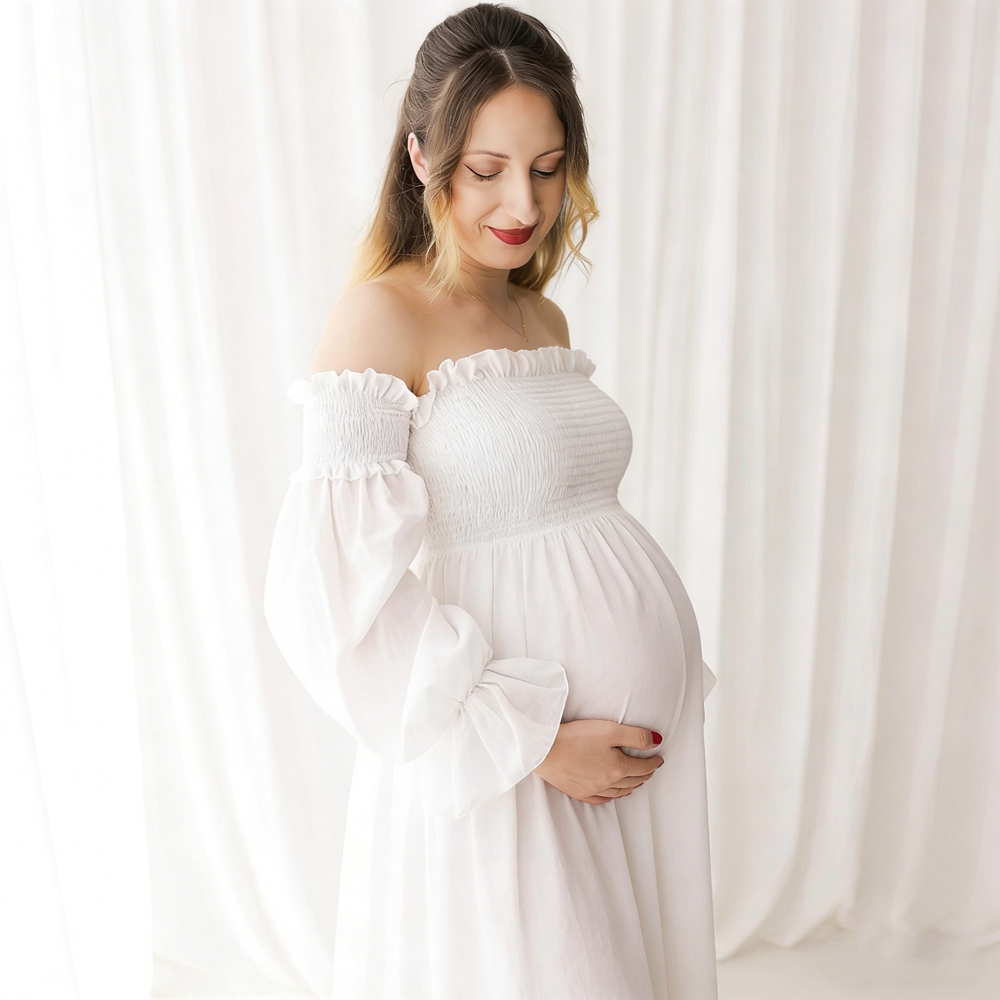 Maternity Wear - Zwangerschapsjurk Fotografie Witte off-shoulder gerimpelde jurk